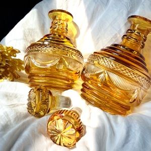 Vintage Amber cut to clear pair Czech Bohemian glass decanters